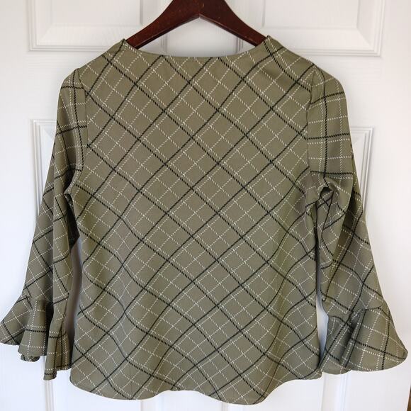 Annabelle Olive Plaid Print Blouse XS V-neck boho tunic 3/4 bell ruffle sleeve - Picture 2 of 11